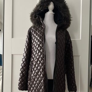 Duvetica Quilted Hooded Puffer Coat in Dark Brown with real Fur Trim